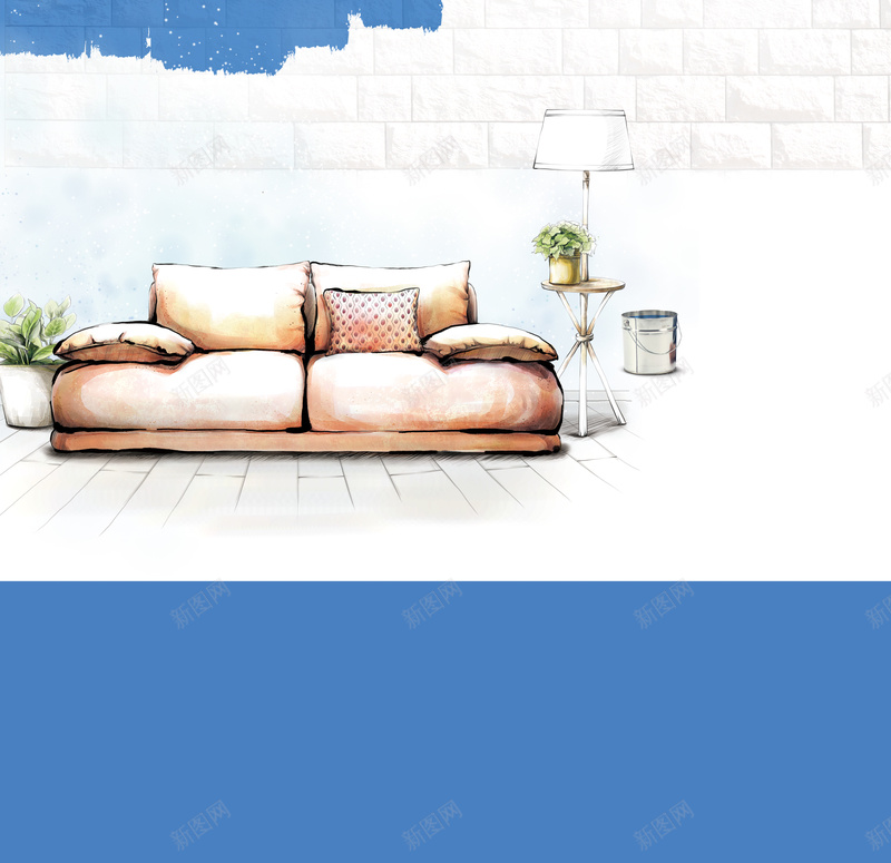 家装海报背景psd设计背景_新图网 https://ixintu.com 3D手绘 墙 家装 家装海报PSD素材 展板海报 沙发 粉刷海报 蓝色 装修 装修展架