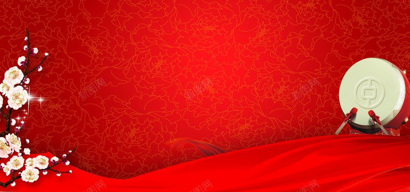 红色背景psd设计背景_新图网 https://ixintu.com 中国风 喜庆背景 四射 打鼓 春节 春节背景 梅花 海报banner 红色 红色背景 舞台背景 过年 金光 金边 闪光 雪花底纹