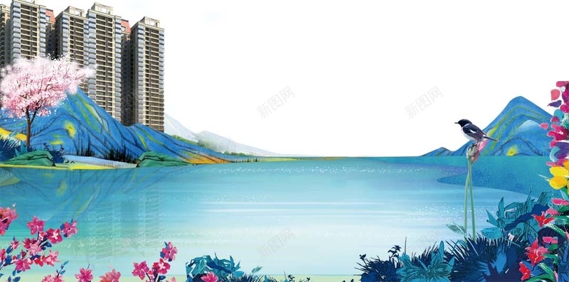 房地产广告H5背景psd设计背景_新图网 https://ixintu.com 云朵 天空 广告 房产 房产广告 房地产 房屋广告 楼房 白色 红色 花朵 蓝色