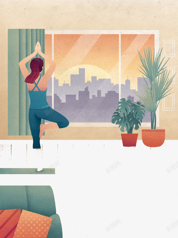 在家做瑜伽的女孩psd免抠素材_新图网 https://ixintu.com 创意插画 卡通贺卡封面 手绘插画