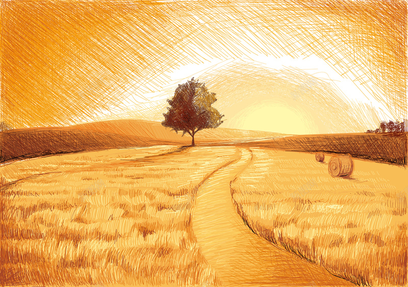 矢量秋季风景素描手绘背景ai设计背景_新图网 https://ixintu.com 卡通 手绘 橙色 矢量 秋季 稻田 童趣 素描 背景 金黄色 风景 麦田 矢量图