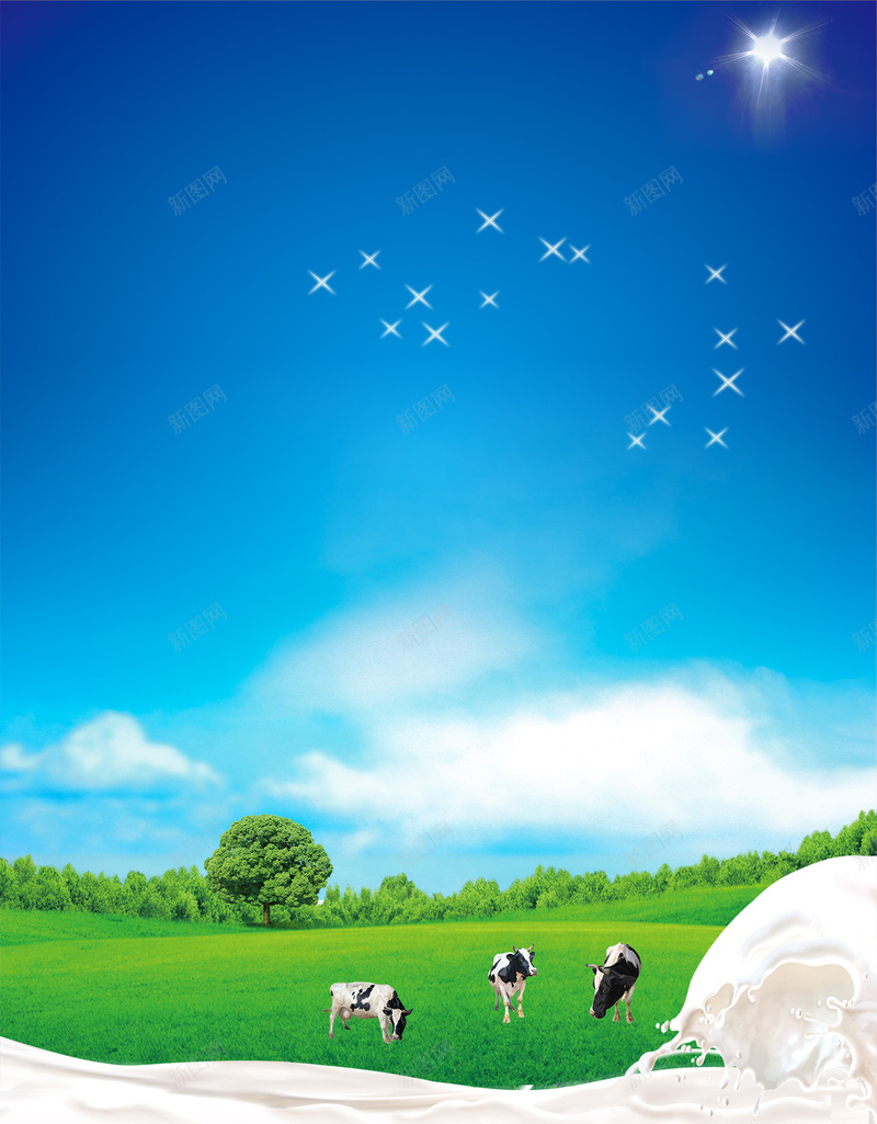 绿色牧场牛奶H5背景psd设计背景_新图网 https://ixintu.com H5背景 光晕 奶牛 星光 牛奶背景 牧场 绿色 草原 蓝天