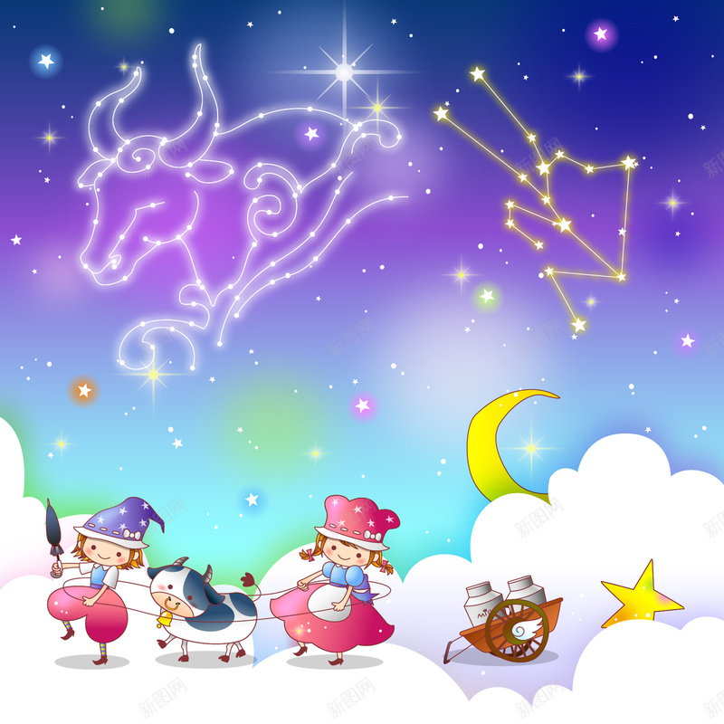 卡通金牛座星座矢量背景ai设计背景_新图网 https://ixintu.com AI 卡通人物 可爱 星座海报 星座素材 星星 月亮 梦幻星空 白色 矢量卡通图 金牛座 矢量图