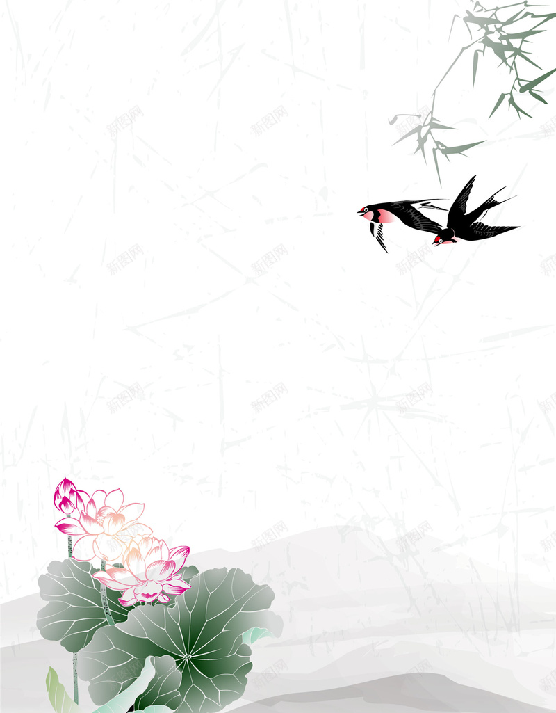矢量古风水墨荷花背景jpg设计背景_新图网 https://ixintu.com 中国风 古典 古风 复古纸张 夏季 手绘 水墨 池塘 海报 燕子 竹子 荷叶 荷花 质感底纹 远山