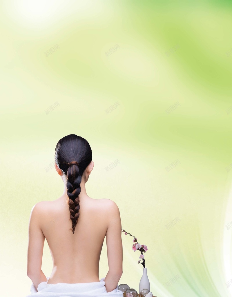 美容养生海报背景模板jpg设计背景_新图网 https://ixintu.com 按摩 木桌 海报背景 海报背景模板 渐变 绿色 美女背影 美容养生 美容院 花瓶