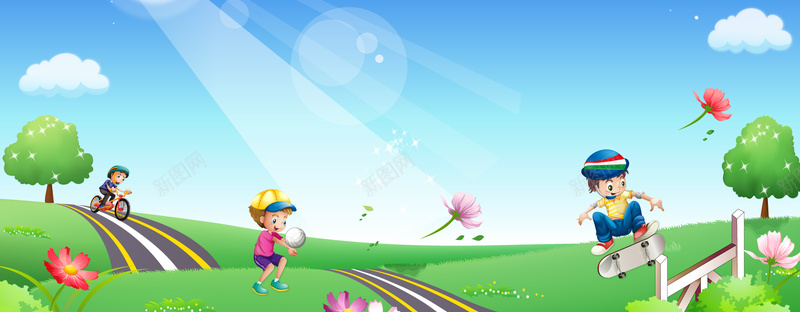 卡通滑板小孩户外运动蓝天草地banner矢量图ai设计背景_新图网 https://ixintu.com banner 卡通 小孩 户外运动 滑板 矢量 草地 蓝天 阳光 矢量图