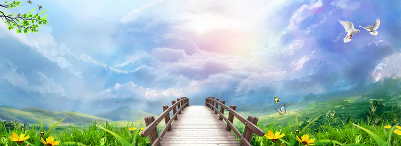 春天绿色花开banner海报背景psd设计背景_新图网 https://ixintu.com banner 天空 春天 树 海报 绿色 花开 草地 蝴蝶 鸽子