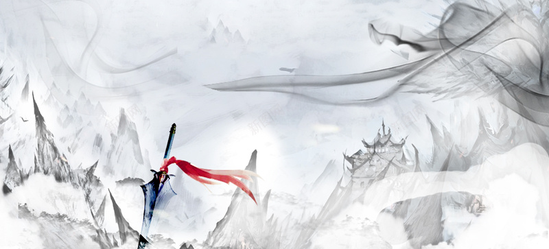 武侠大气手绘中国风bannerpsd设计背景_新图网 https://ixintu.com 中国风 刀剑 古典 大气 手绘 武侠世界 武侠古典 武侠手游 武侠水墨 武侠穿越 水黑风景 游戏场景