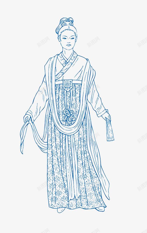 青花瓷线描贵妇人png免抠素材_新图网 https://ixintu.com 中国风 古典人物 手绘 白描