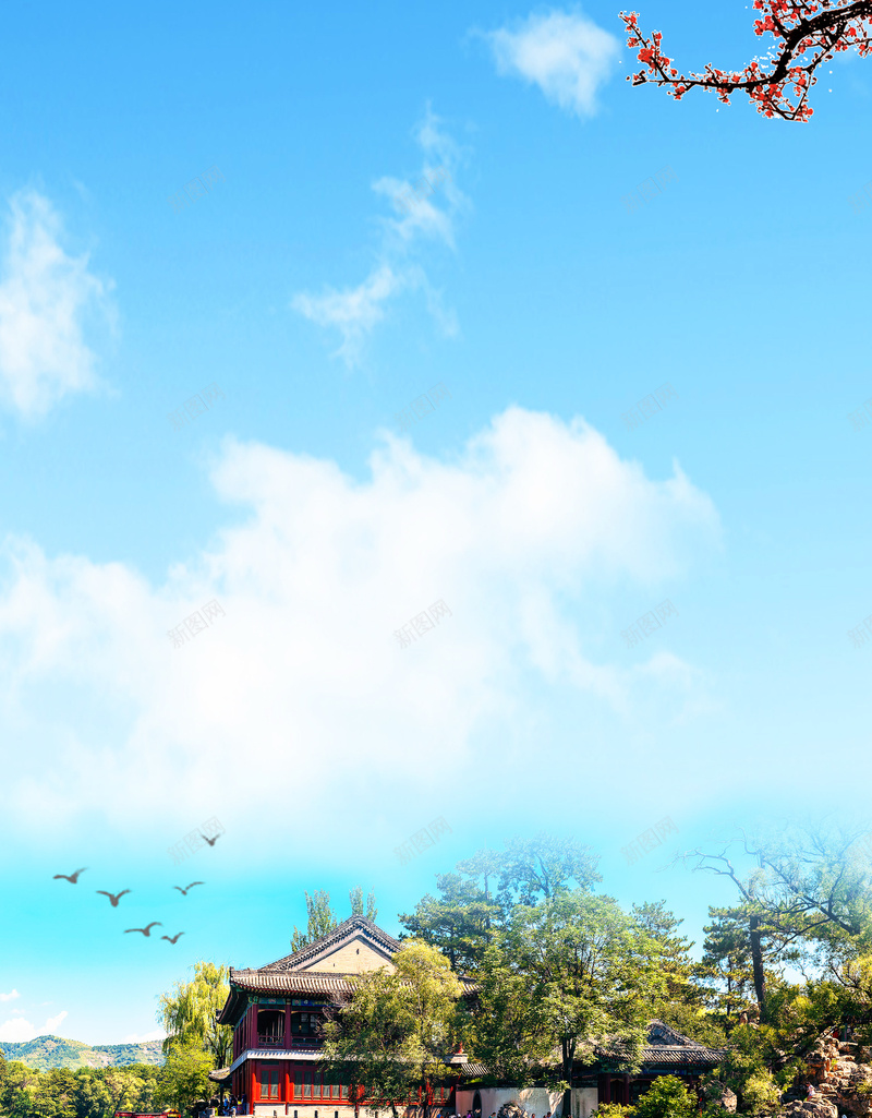 夏季避暑承德避暑山庄旅游海报psd设计背景_新图网 https://ixintu.com 建筑 承德印象 承德外八庙 承德避暑山庄 旅游 旅游景点海报 梅花 蓝天 避暑游 须弥福寿之庙