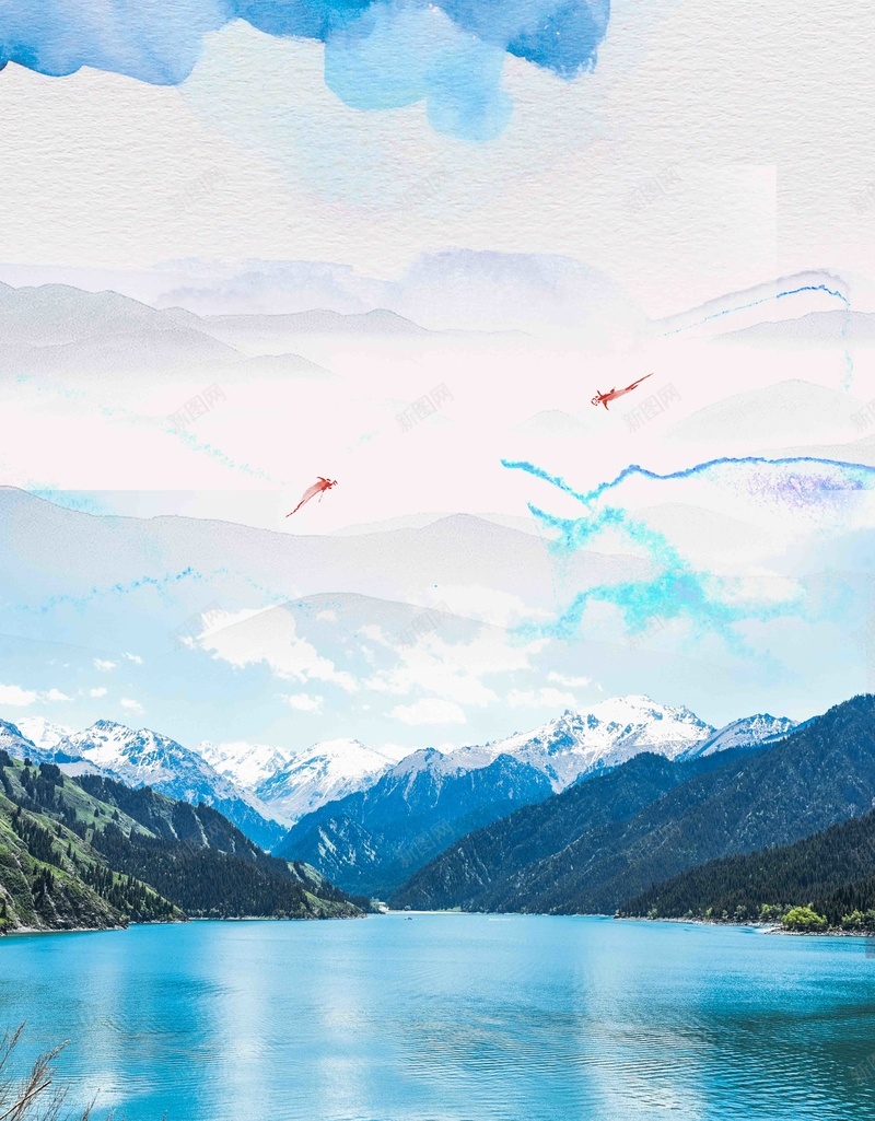 天山天池旅行景点宣传jpg设计背景_新图网 https://ixintu.com psd 中国印象 中国新疆 天山 天山天池 天山天池旅行 天池 新疆 旅游 景点宣传 背景图 蓝色 长白山