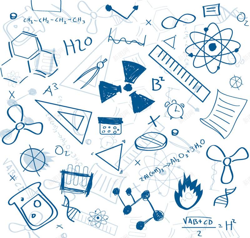 手绘科学元素背景矢量图psd设计背景_新图网 https://ixintu.com 三角尺 化学 化学方程式 卡通 实验 手绘 玻璃器皿 矢量图 科学符号 童趣