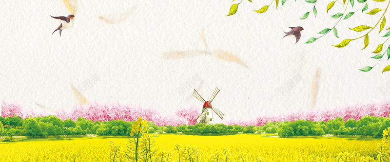 春天油菜花风车燕子杨柳质感黄bannerpsd设计背景_新图网 https://ixintu.com 出游 小清新 广告 文艺 春天 春季 春游 杨柳 油菜花 游玩 燕子 简约 素材 背景 设计 风车