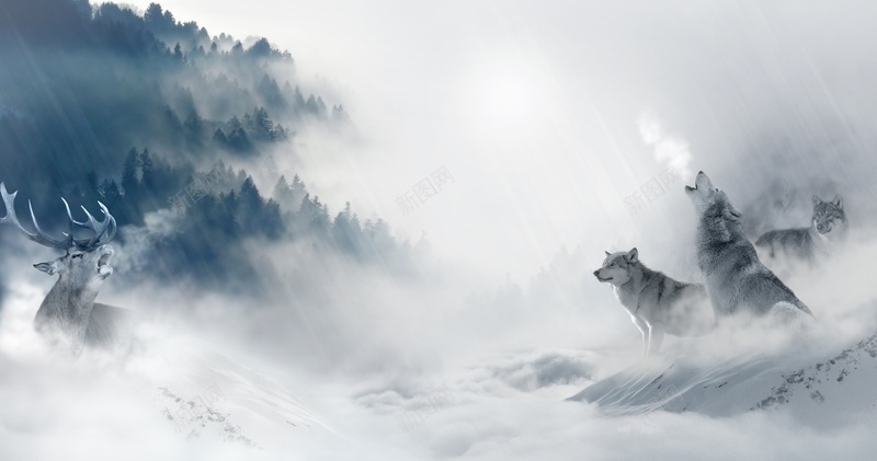 梦幻山峰云海狼平面广告jpg设计背景_新图网 https://ixintu.com 云海 壮士 山峰 平面广告 朦胧 梦幻背景 烟雾 狼叫 麋鹿