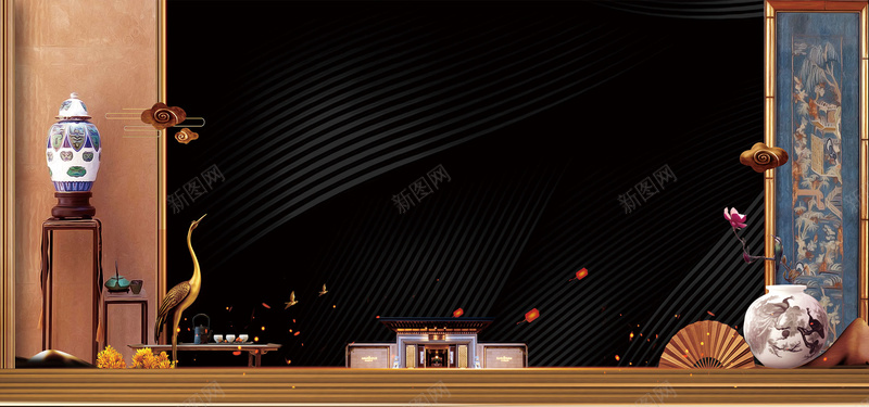 大气古风新中式地产围挡bannerpsd设计背景_新图网 https://ixintu.com 别墅 唯美地产 商业地产 商场购物 围挡 地产 房地产 新中式地产 新古风 旅游 水彩插画 油画 黑金地产