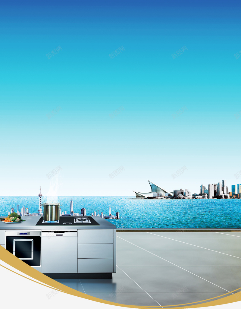 厨房电器广告海报背景psd设计背景_新图网 https://ixintu.com 厨房电器 厨房电器广告模版 吸油烟机 地板 城市 大海 天空 女人 广告 模特 消毒柜 装饰品