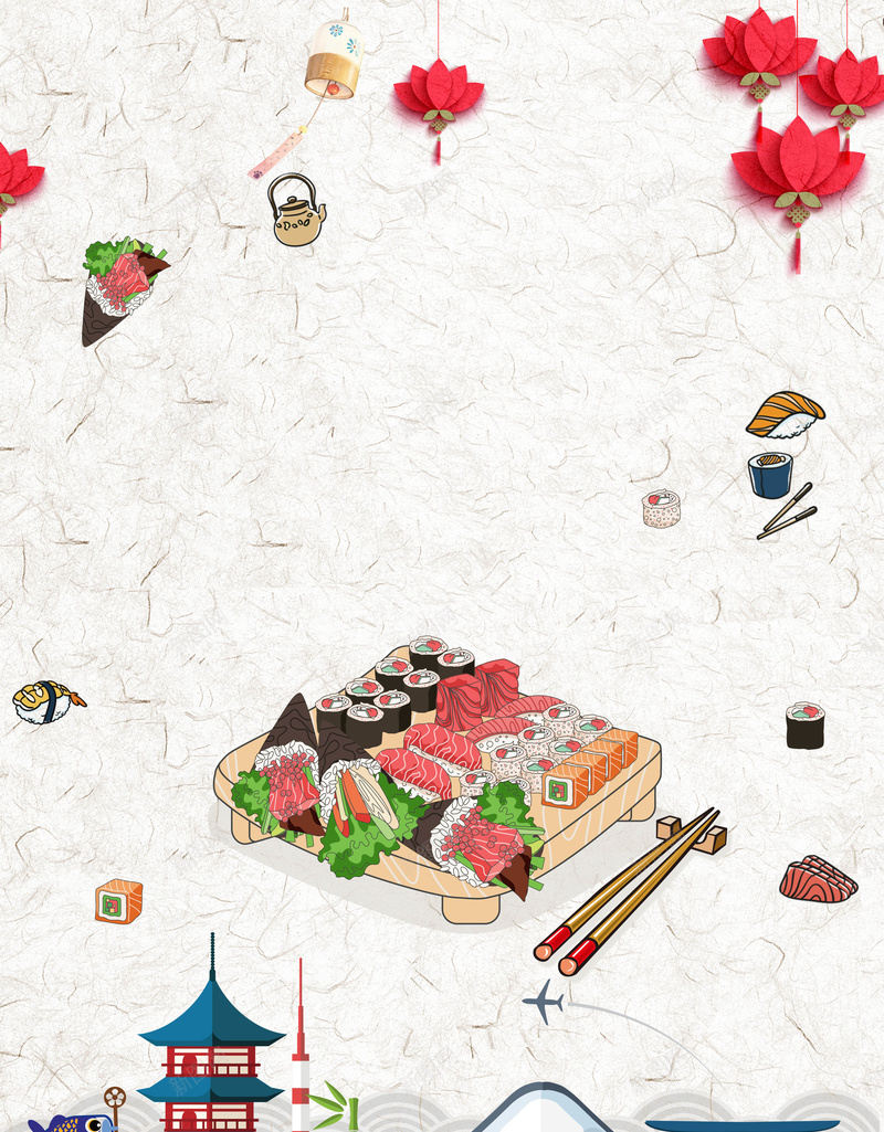 大气寿司美食海报背景psd设计背景_新图网 https://ixintu.com 大气 寿司 山水 手绘 手绘日式楼房 新鲜美味 日系 樱花 海浪图案 深色 灯笼 生鱼片 盒装寿司