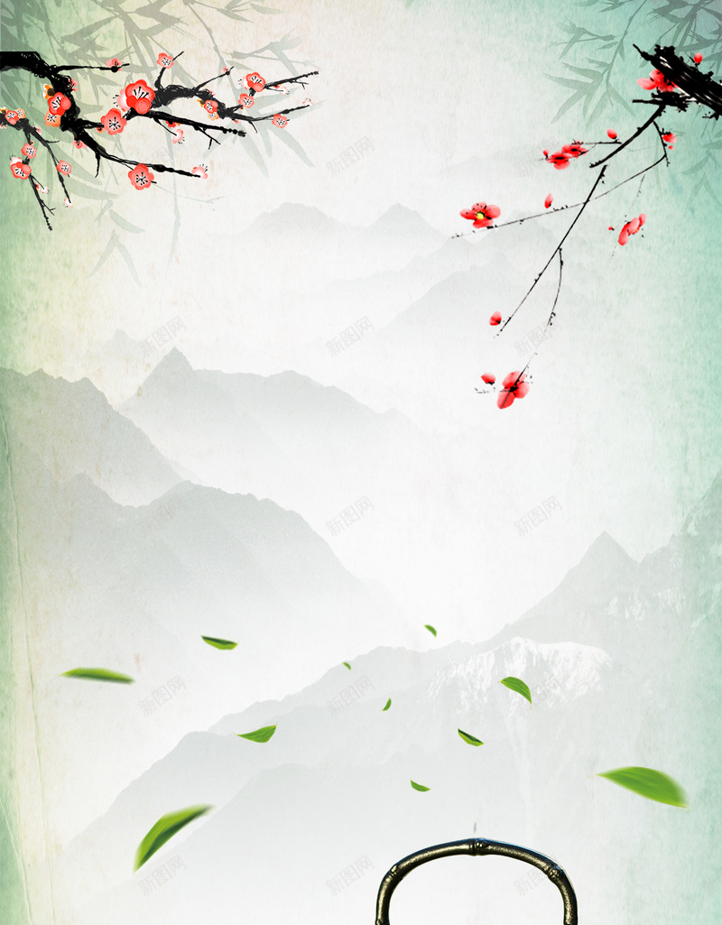 梅花茶壶绿色山水小清新psd设计背景_新图网 https://ixintu.com 下午茶 小清新图片 山水 梅花 梅花树 水壶 绿叶 绿色 茶 茶园 茶壶