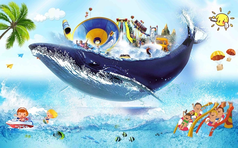 儿童梦幻乐园背景psd设计背景_新图网 https://ixintu.com 夏令营 奇妙 暑假旅行 梦幻之旅 梦幻王国 椰树 水上乐园 海洋 海豚 游乐园