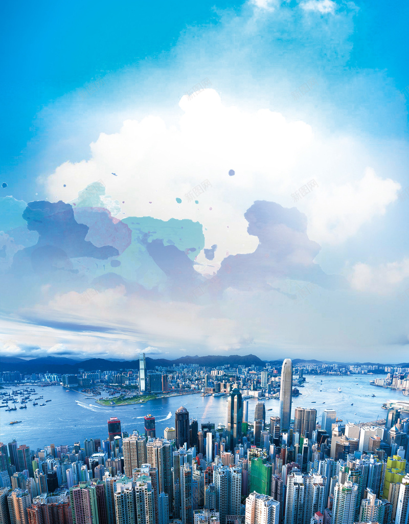 蓝天白云风景城市建筑商务湖面背景psd设计背景_新图网 https://ixintu.com 商务 城市 建筑 湖面 白云 素材 背景 蓝天 风景