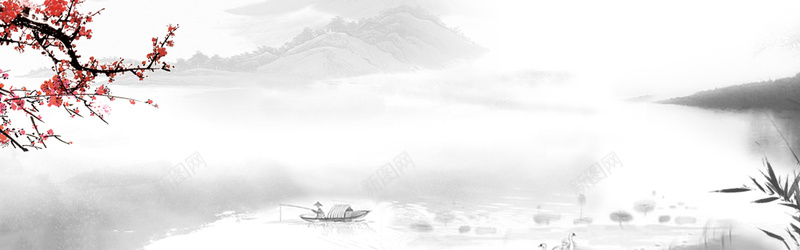 中国风传统文化水墨梅花山水小船背景背景