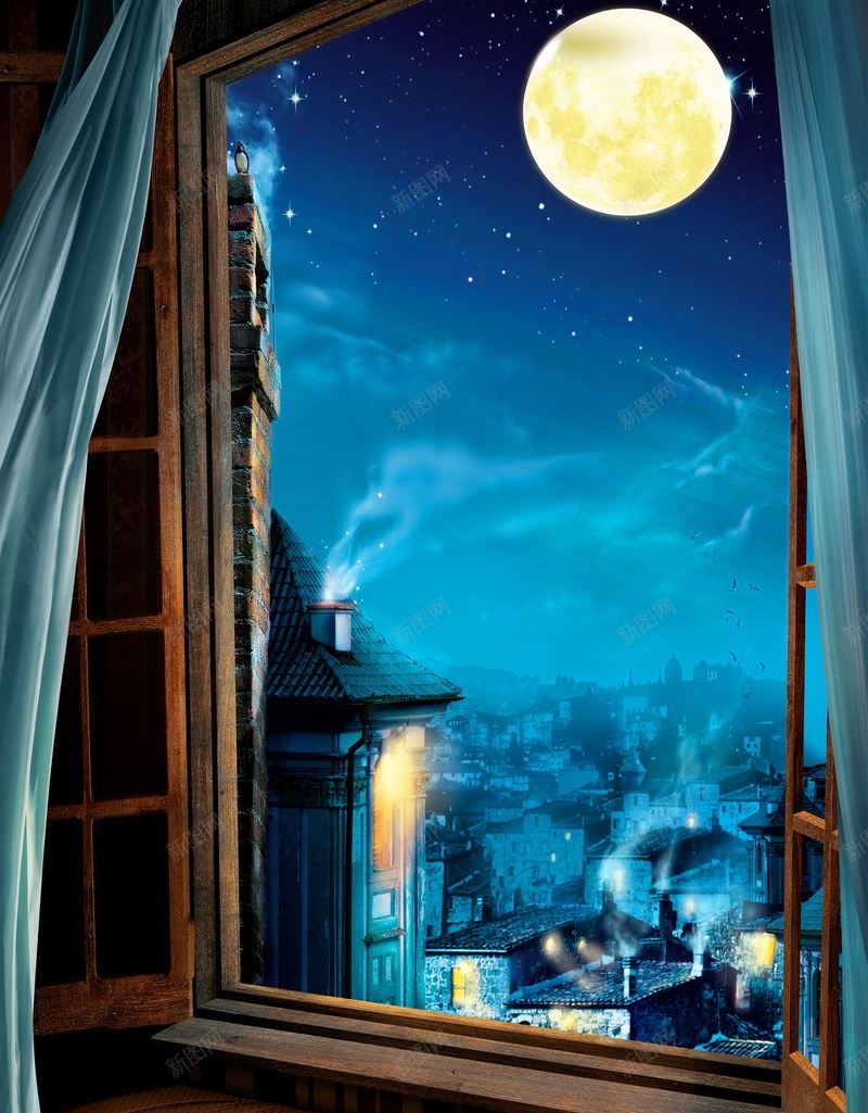 唯美蓝色夜晚星空psd设计背景_新图网 https://ixintu.com 150PPI PSD源文件 分层文件 唯美 夜晚 平面设计 星星 星空 月亮 窗前 蓝色