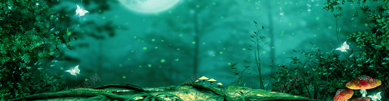 梦幻唯美仙境背景jpg设计背景_新图网 https://ixintu.com 仙境 唯美 树林 梦幻 浪漫 海报banner 萤火虫 蘑菇 蝴蝶