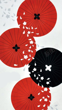 日本樱花红黑伞白底H5背景背景