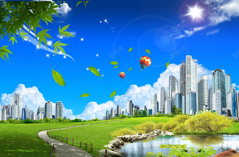 城市美景海报背景psd设计背景_新图网 https://ixintu.com h花 后期处理 城市 城市美景素材 建筑 树 树叶 楼房 池塘 热气球 绿化 美景 草地 郊区 风景