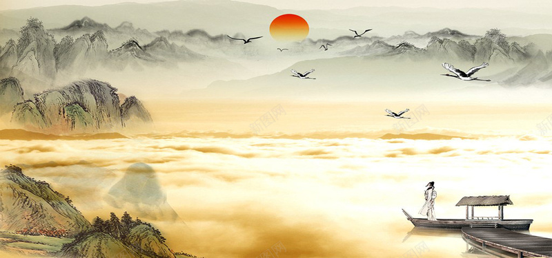 中国风水墨画jpg设计背景_新图网 https://ixintu.com 中国风 古人 山 山水画 木桥 木船 水墨画 海报banner 落日 鹤