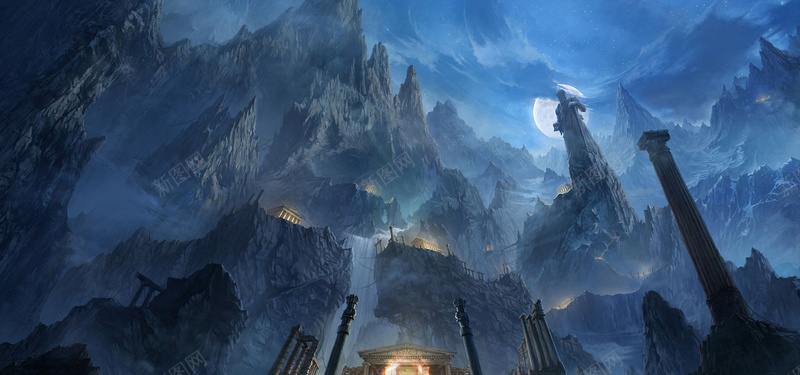 游戏手绘山峦场景jpg设计背景_新图网 https://ixintu.com 卡通 山 手绘 月亮 海报banner 童趣 雕塑