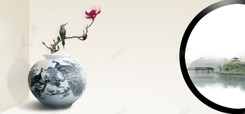 喜鹊啼梅jpg设计背景_新图网 https://ixintu.com 中国风 喜鹊 园林 梅花 海报banner 湖水 陶瓷