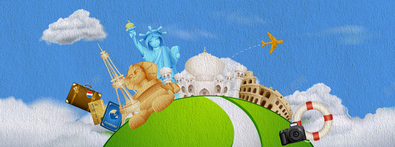 美国旅游纹理质感蓝色banner背景psd设计背景_新图网 https://ixintu.com 卡通 建筑 手绘 旅游 白云 白宫 相机 素材 纹理 绿地 美国 自由女神 蓝天 行李 道路 飞机