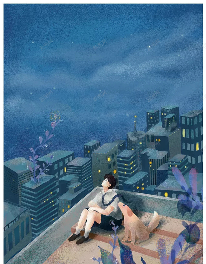 卡通人物海报背景psd设计背景_新图网 https://ixintu.com 人物 卡通 城市 小狗 小男孩 屋顶 星空 树枝 欣赏 观赏