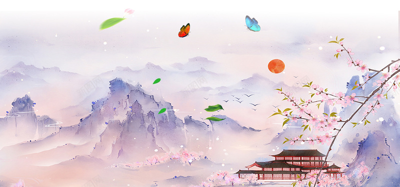 清明节粉色水墨电商蝴蝶bannerpsd设计背景_新图网 https://ixintu.com 中国风 春天 春日 海报banner 清明 清明节 蝴蝶 飞叶