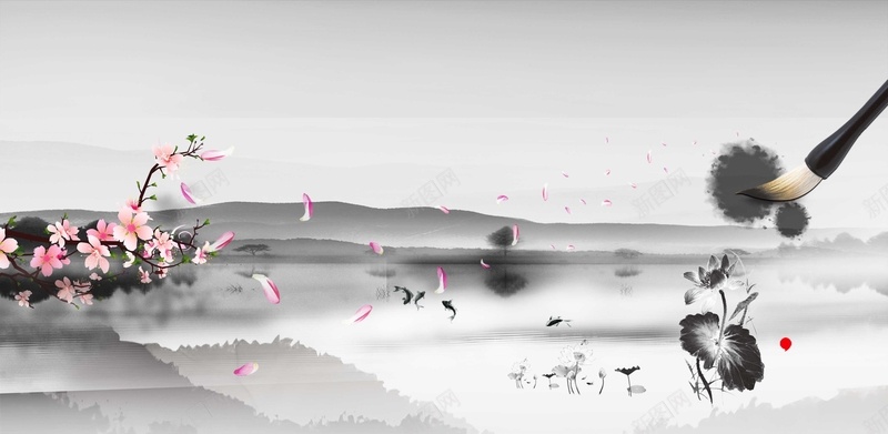 中国风水墨传统屋檐psd设计背景_新图网 https://ixintu.com 中国文化 中国风 仙鹤 古风 墨迹 复古 梅花 毛笔 水墨 海报 笔墨