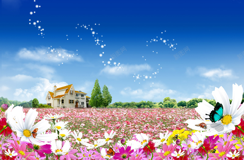 可爱儿童摄影海报背景psd设计背景_新图网 https://ixintu.com 公益 可爱posh儿童摄影模版 可爱儿童 心形posh 房屋 星光 白云 蓝天 蝴蝶 鲜花