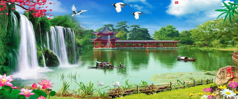 山水风景画jpg_新图网 https://ixintu.com 凉亭 天鹅 小船 山水画 摄影 海报banner 湖 瀑布 花花草草 荷叶 荷花 落日 风景 风景画