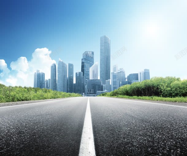 公路高楼蓝天绿植jpg设计背景_新图网 https://ixintu.com 公路 蓝天 高楼