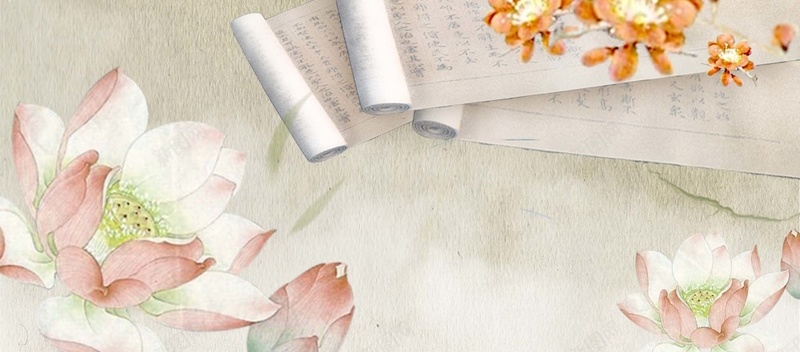 中国古风歌曲海报背景psd设计背景_新图网 https://ixintu.com 中国 古风 插画 梅花 歌曲 海报 红丝带 绿色 花瓣 荷 荷花