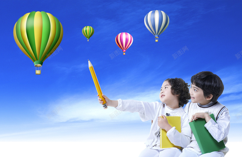 教育海报背景psd设计背景_新图网 https://ixintu.com 书本 学习 小女孩 小男孩 教育海报 教育背景 热气球 背景 蓝天白云 铅笔