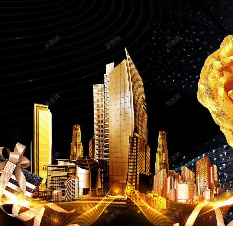 黑金创意盛大开盘展架psd设计背景_新图网 https://ixintu.com 丝带 建筑 开盘 房地产 楼盘 盛大开幕 花朵 黑金