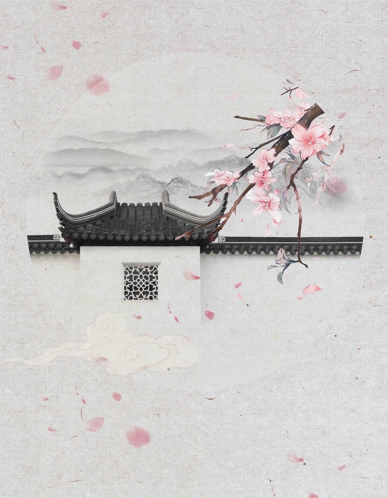 com 中国风 古建筑 宣传 徽派建筑 手绘 插画 海报 背景模板