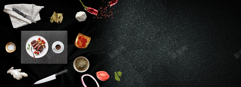 黑色美味美食海报背景psd设计背景_新图网 https://ixintu.com 健康 海报 牛排 纹理 美味 美食 质感 餐具 黑色 黑色背景