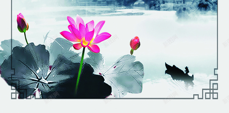 中国风水墨画H5背景jpg设计背景_新图网 https://ixintu.com H5背景素材 中国风 中式边框 国画宣传 山水 文艺 水墨画 荷花