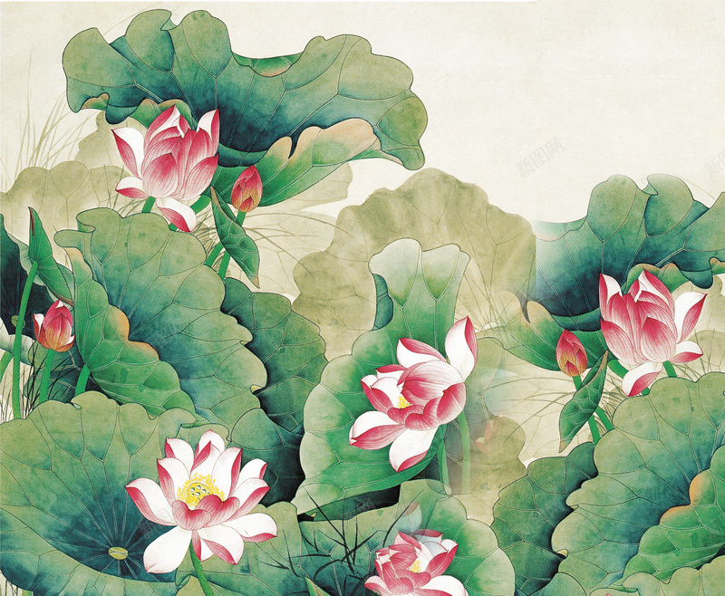 手绘荷花背景墙背景psd设计背景_新图网 https://ixintu.com 中国风电视背景墙 手绘荷花背景墙 水墨 荷叶 荷花 荷韵 莲花 诗词