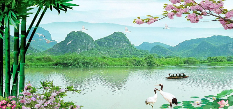 山水风景画jpg_新图网 https://ixintu.com 仙鹤 小船 山峰 摄影 树林 桃花 植物 海报banner 湖 竹子 绿树 荷叶 荷花 风景
