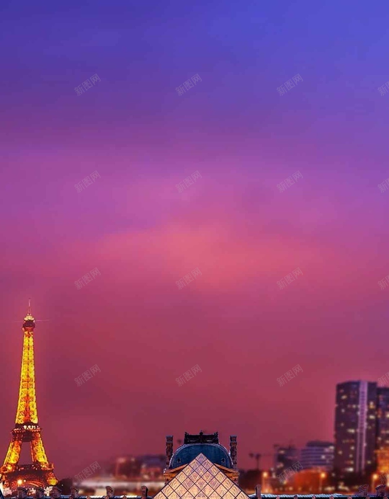 紫色唯美风景摄影PSD分层H5背景psd_新图网 https://ixintu.com H5 PSD分层 出国旅游 唯美 埃菲尔铁塔 夕阳彩霞 法国巴黎 紫色 背景素材 风景摄影