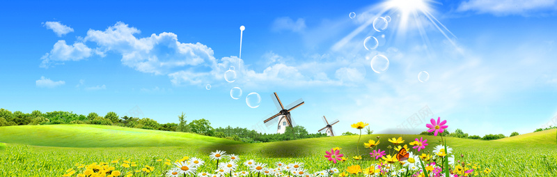 蓝天白云草地风车背景psd_新图网 https://ixintu.com 摄影 海报banner 白云 草地 蓝天 风景 风车