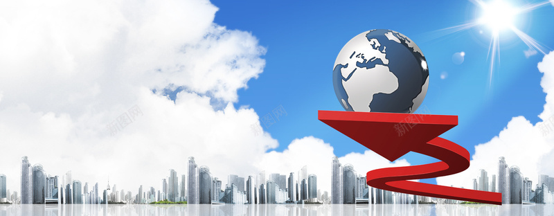箭头地球风景蓝色banner背景psd设计背景_新图网 https://ixintu.com 倒影 光束 向上 商务 地图 地球 城市 广告 建筑 白云 科幻 科技 箭头 素材 蓝天 阳光